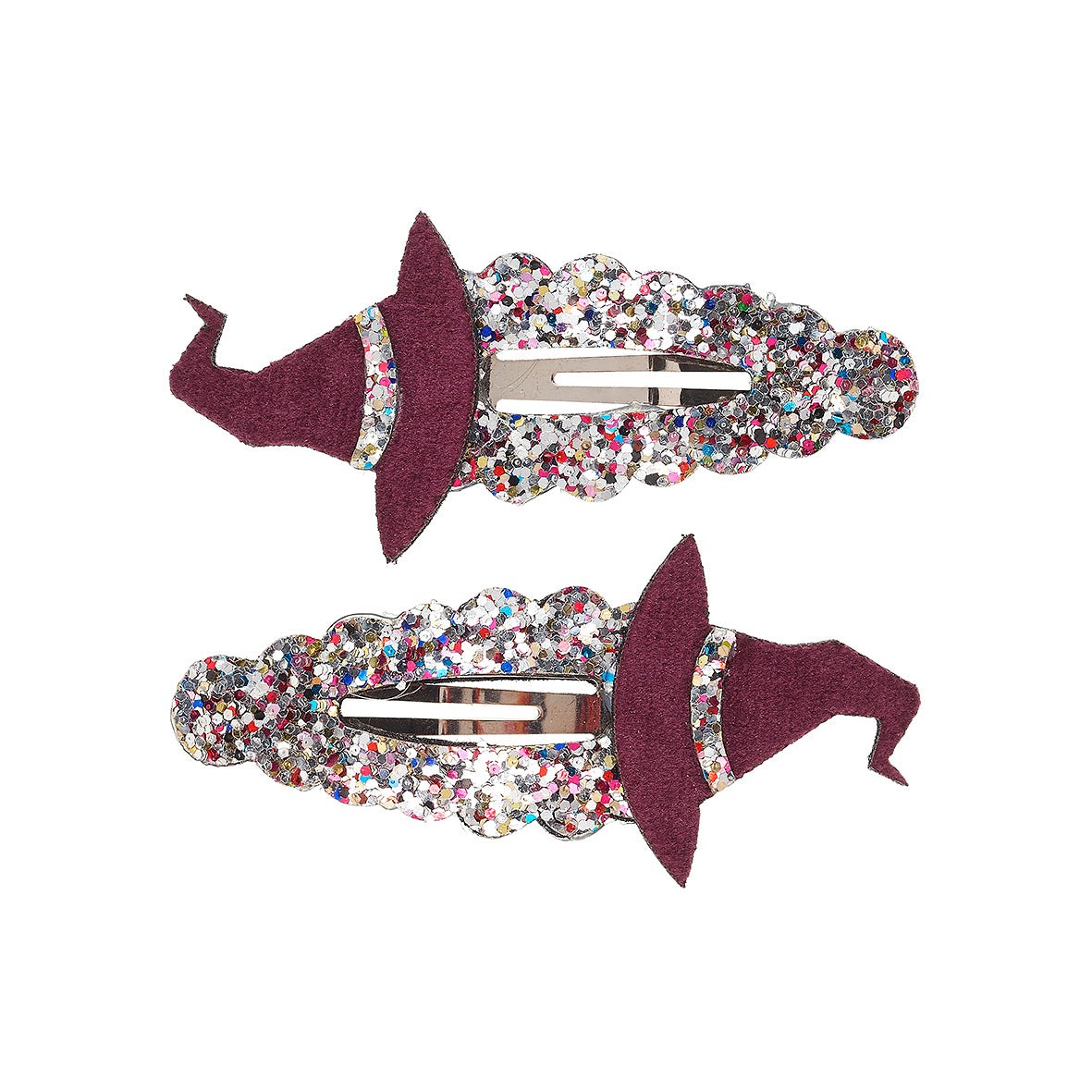 Two decorative hair clips with multicolored glittery design and burgundy fabric witch hats on a white background by Souza!