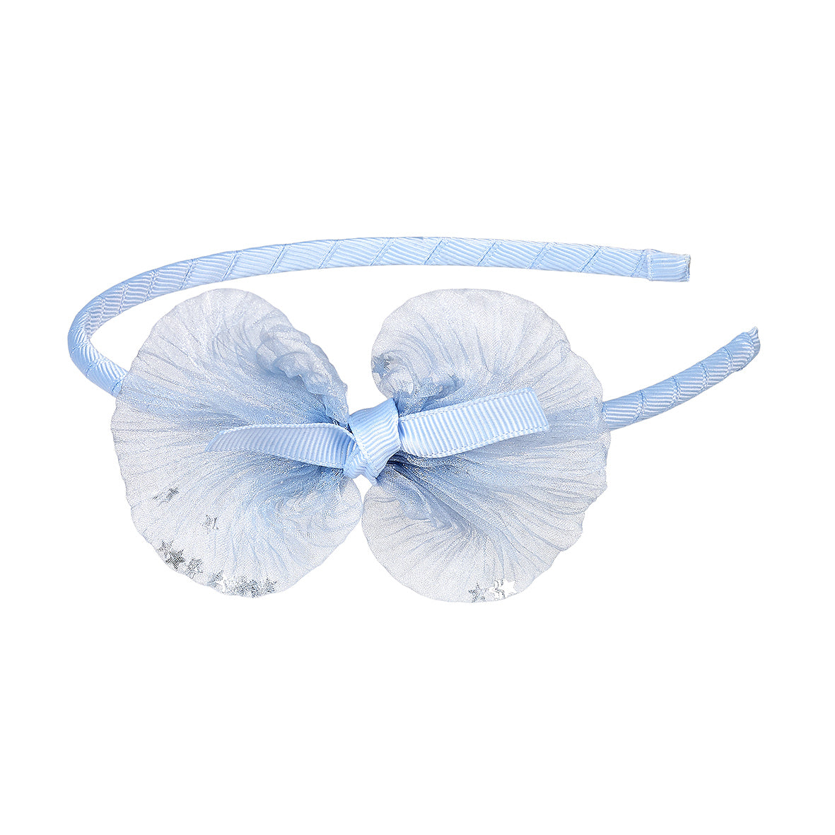 Light blue headband with fluffy bow on a white background by Souza!