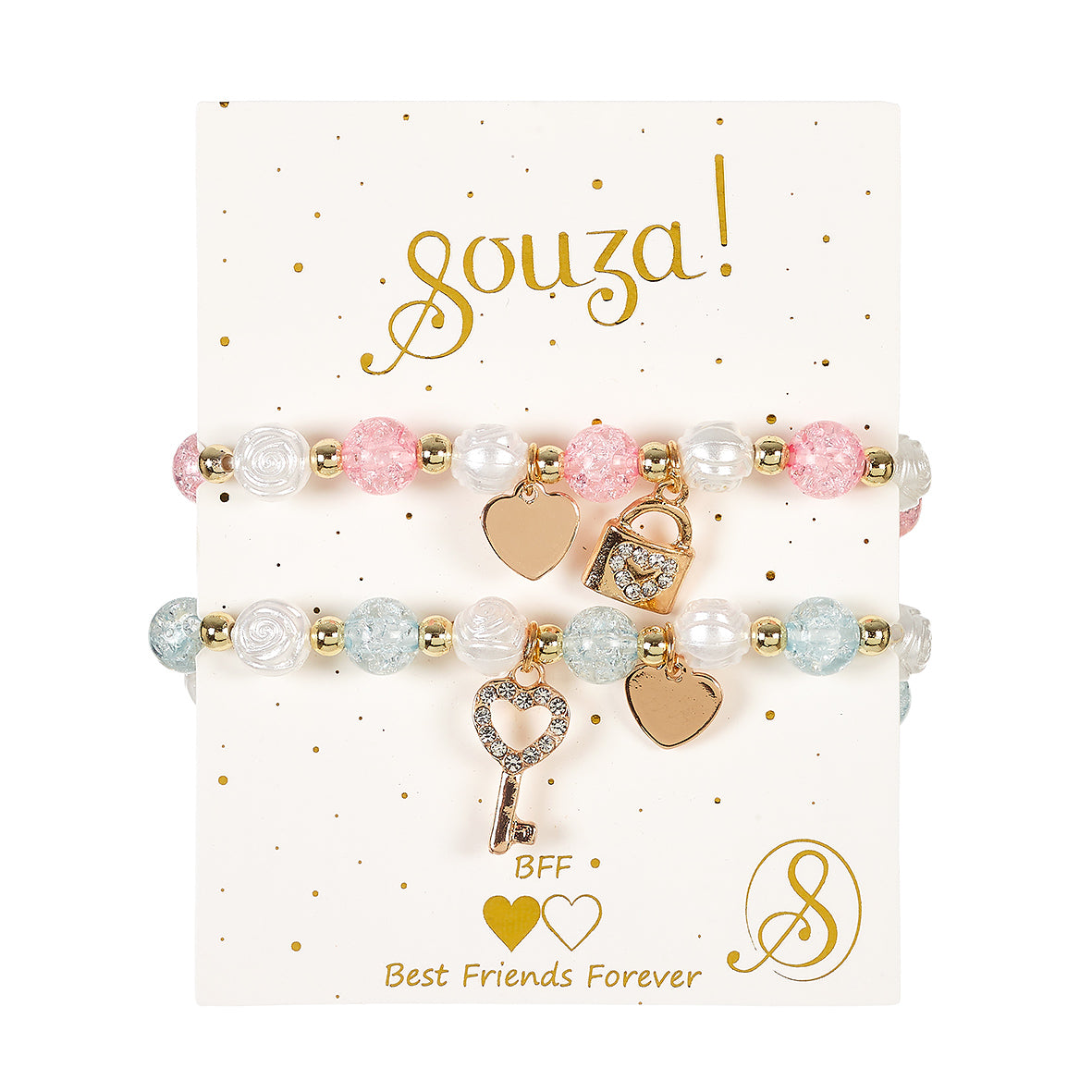 Set of bracelets with heart and key charms on a 'Souza!' branded card.