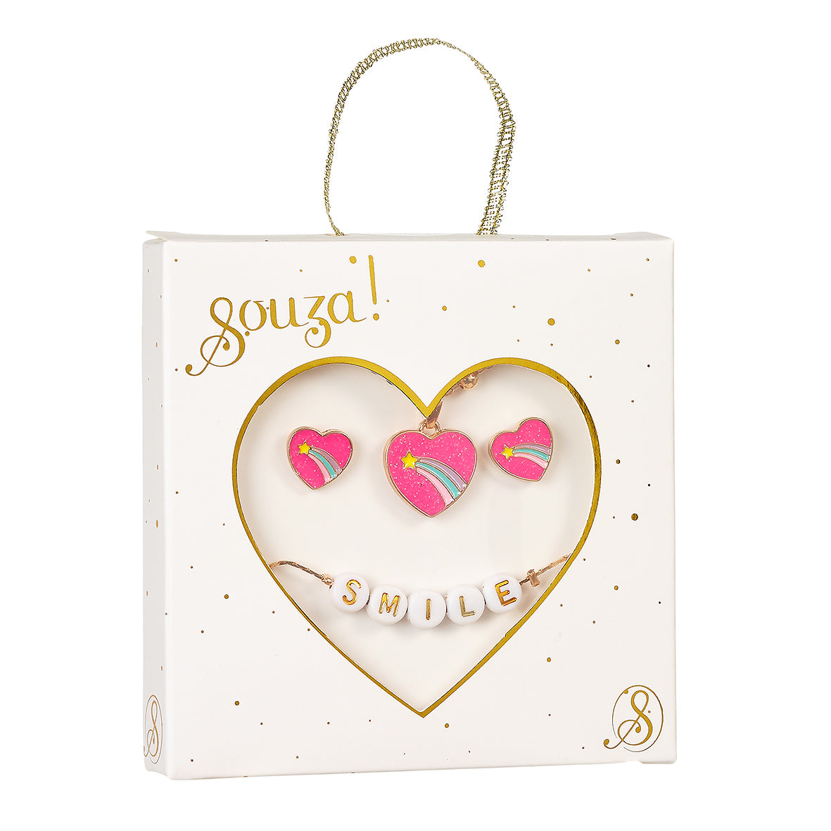 Heart-shaped jewelry set with 'smile' necklace in a 'Souza!' branded box.