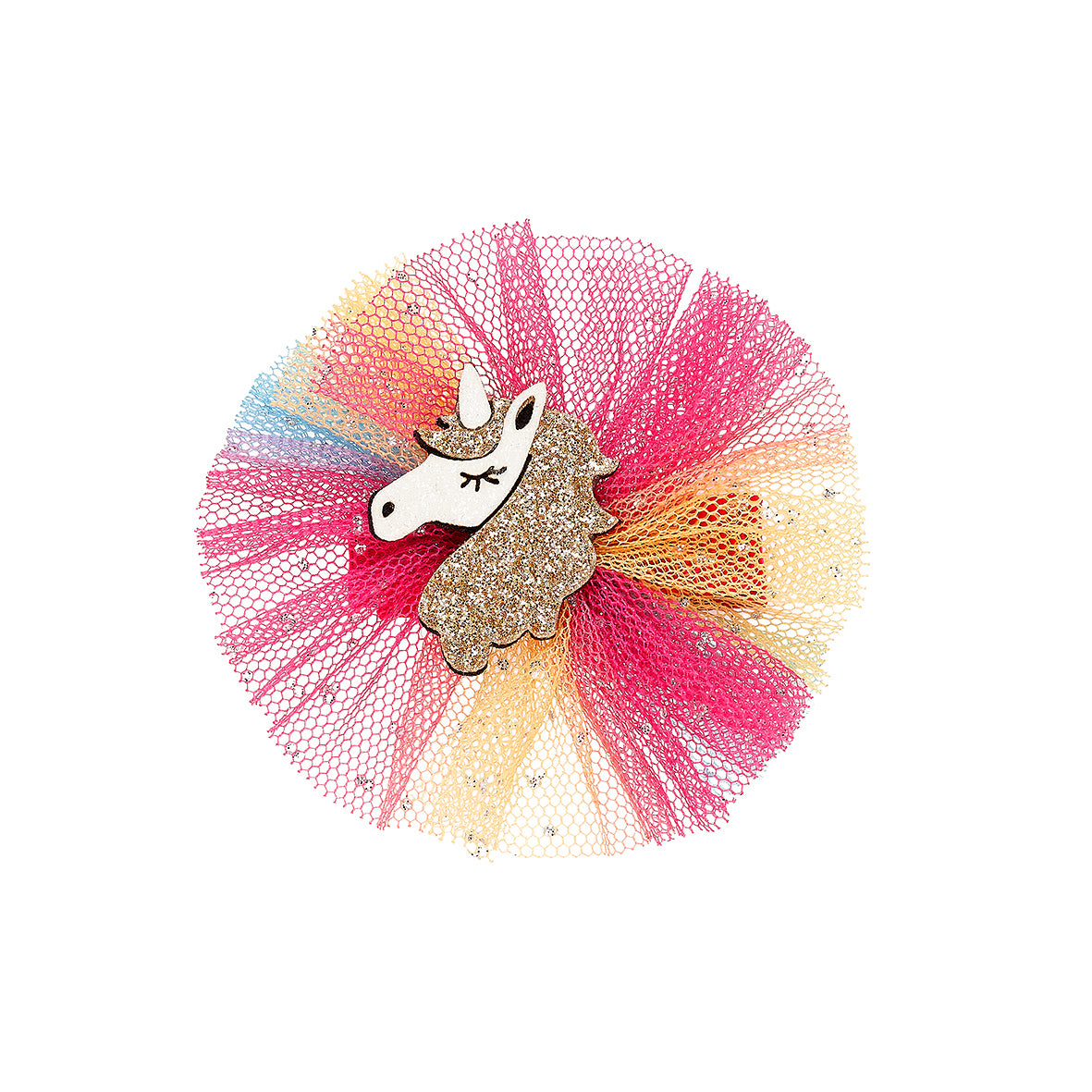 Colorful tulle hair bow with a unicorn charm on a white background by Souza!