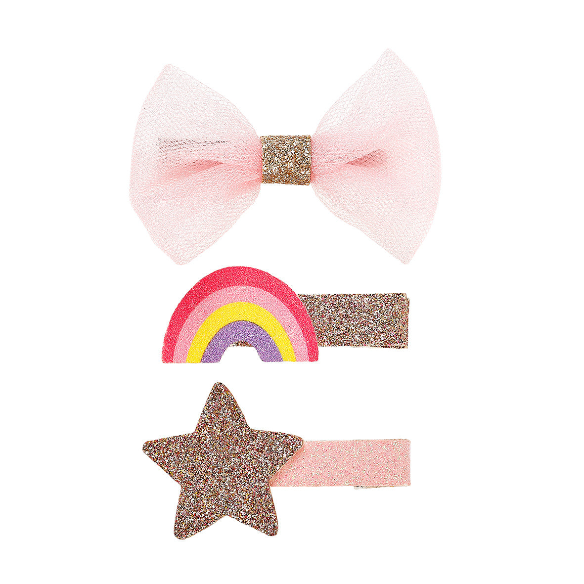 Set of three hair accessories: a pink bow, rainbow-shaped clip, and star-shaped clip on a white background by Souza!