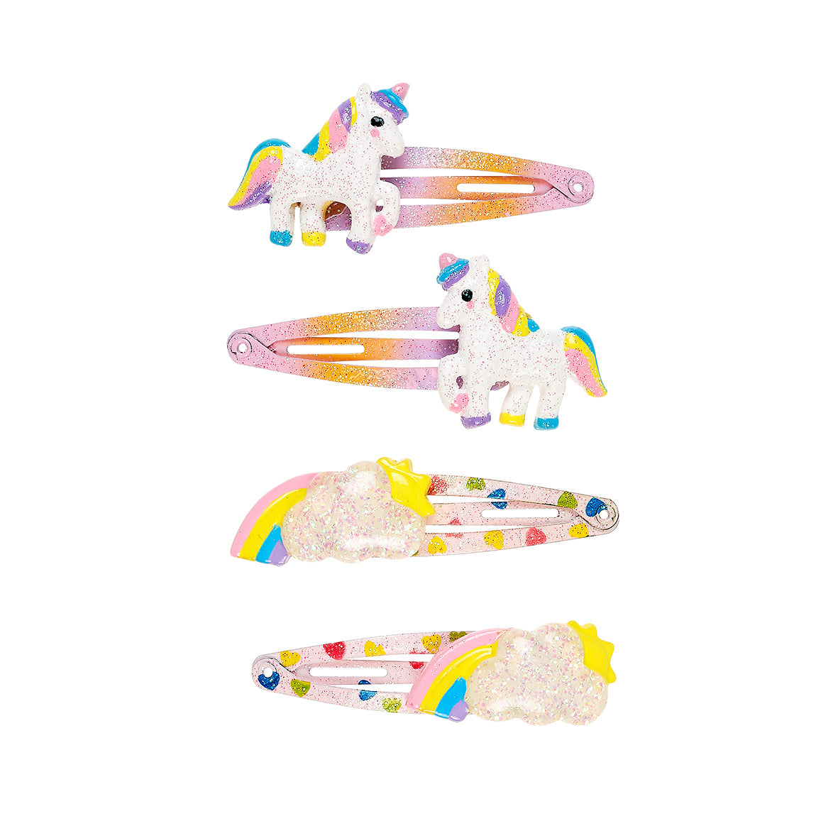 Set of four colorful unicorn-themed hair clips on a white background by Souza!