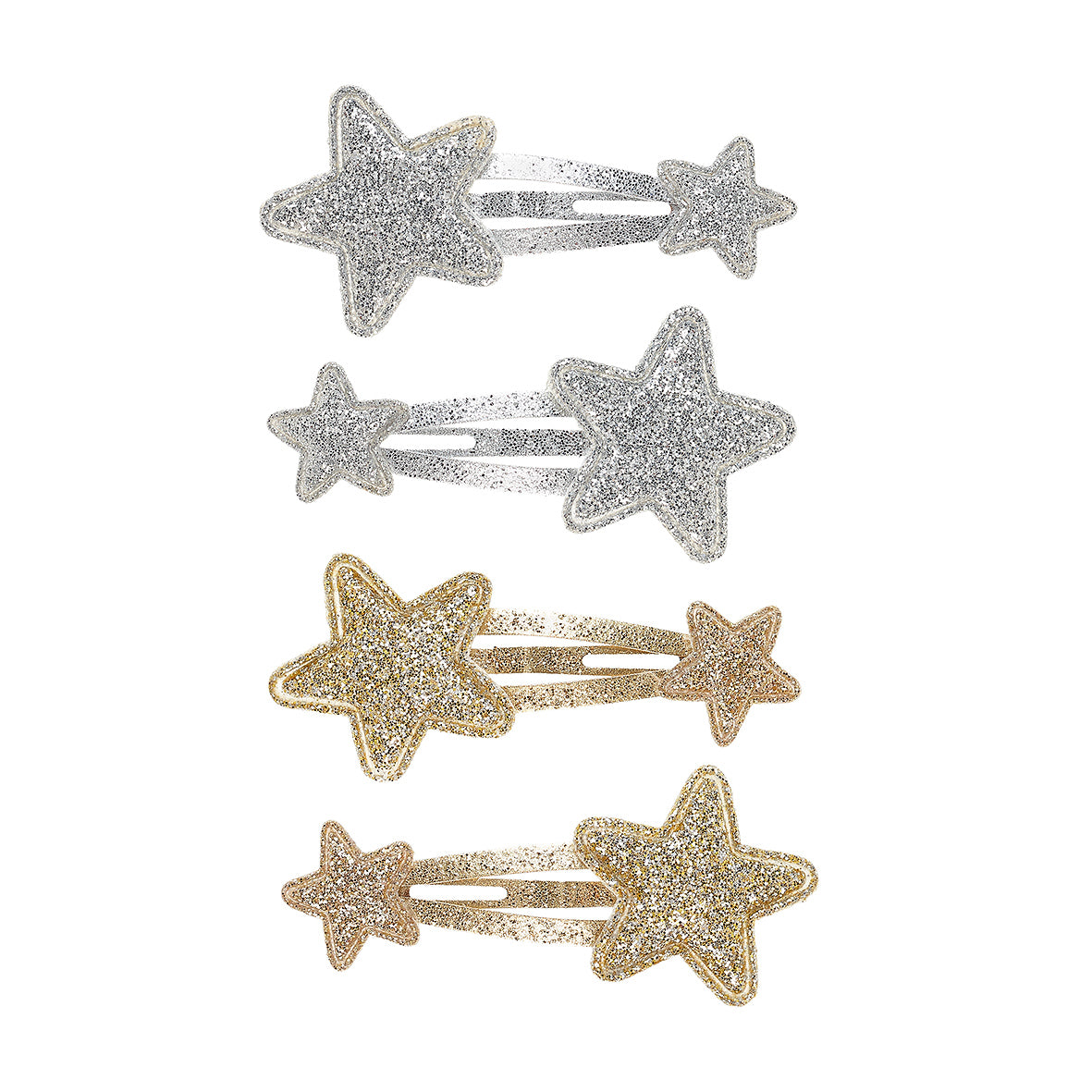 Set of star-shaped hair clips in silver, gold, and bronze on a white background by Souza!