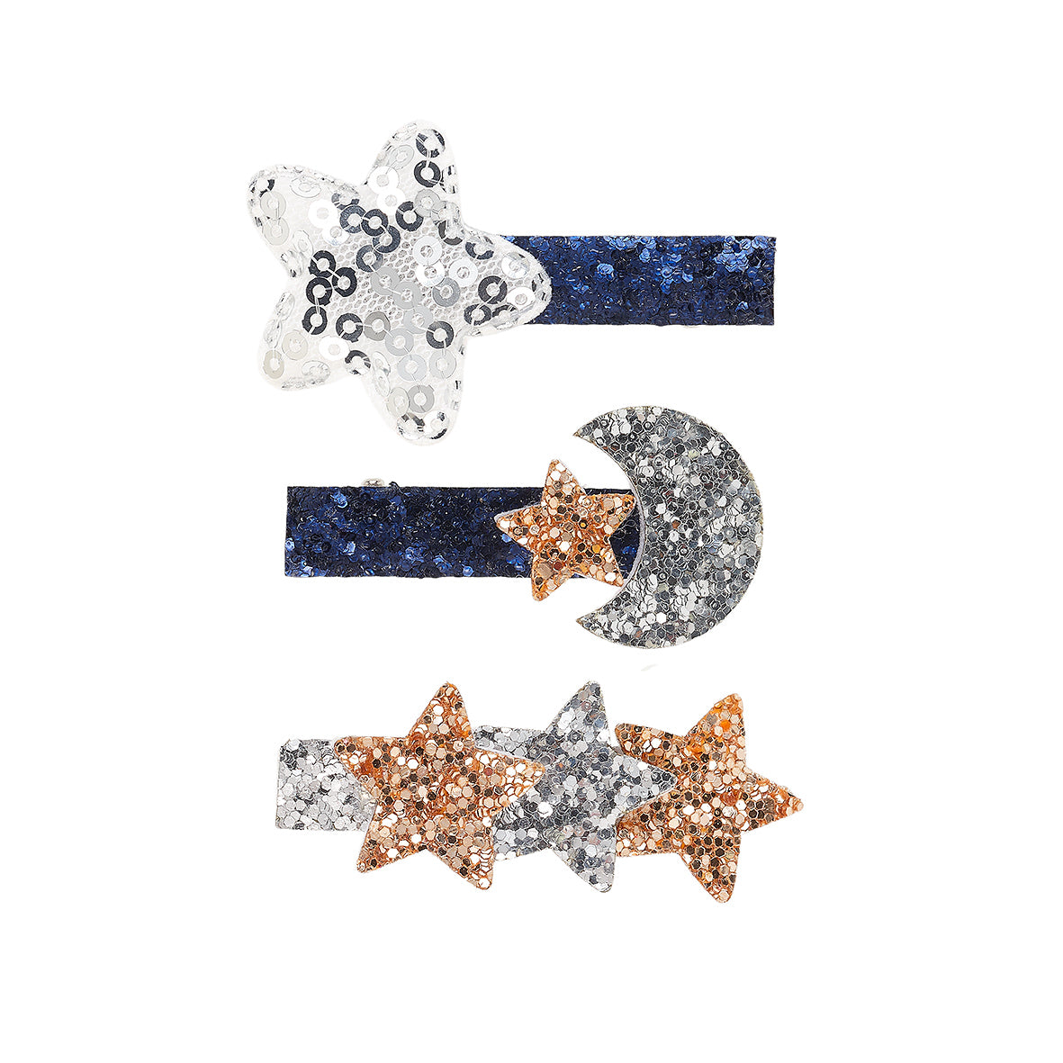 Set of star and moon-shaped hair clips with sequin and glitter details on a white background by Souza!