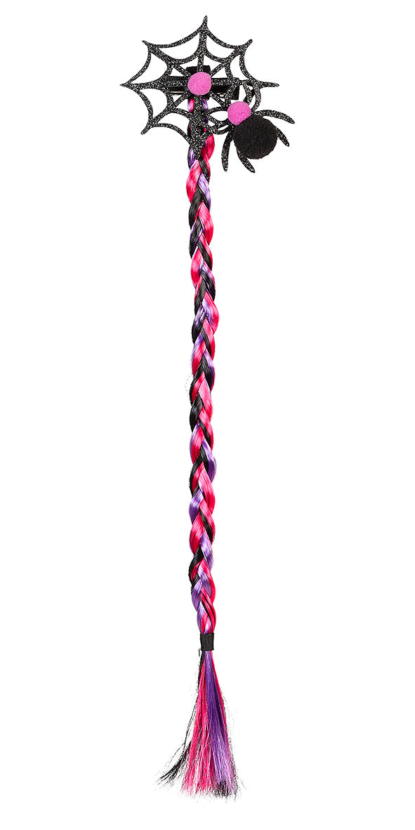 Colorful braided hair tie with spider and web design on a white background by Souza!