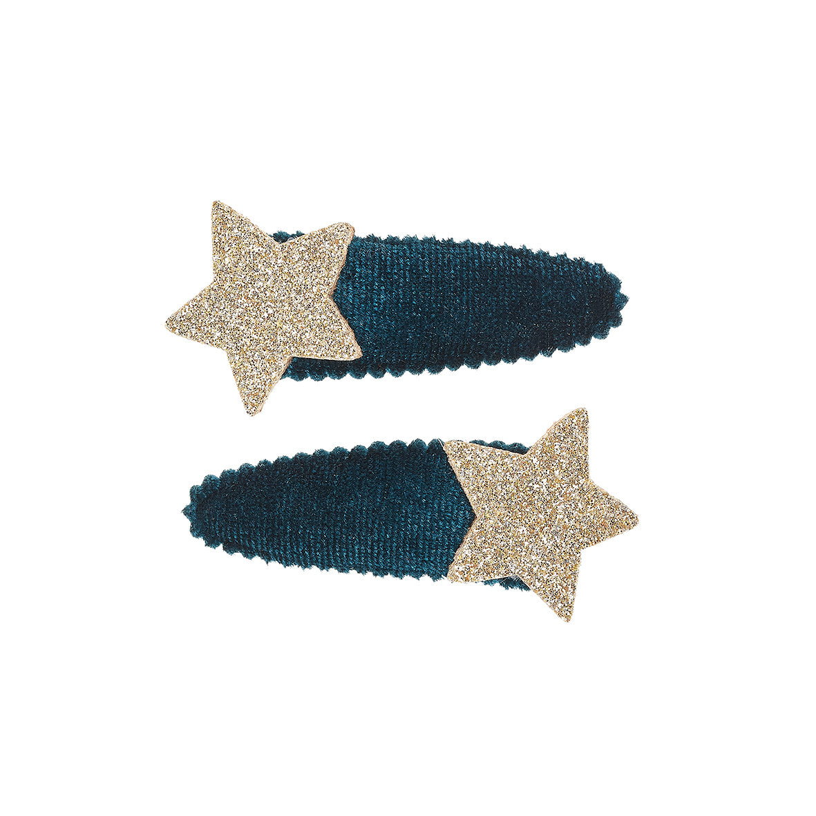 Two star-shaped hair clips, one gold and one blue, on a white background by Souza!