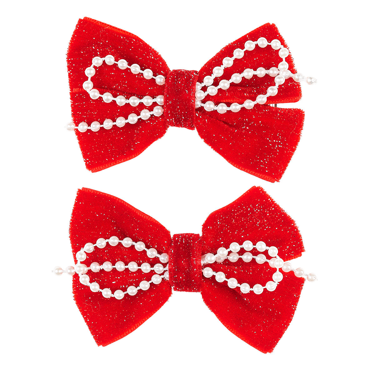 Two red glittery bow hair clips with pearl details on a white background by Souza!