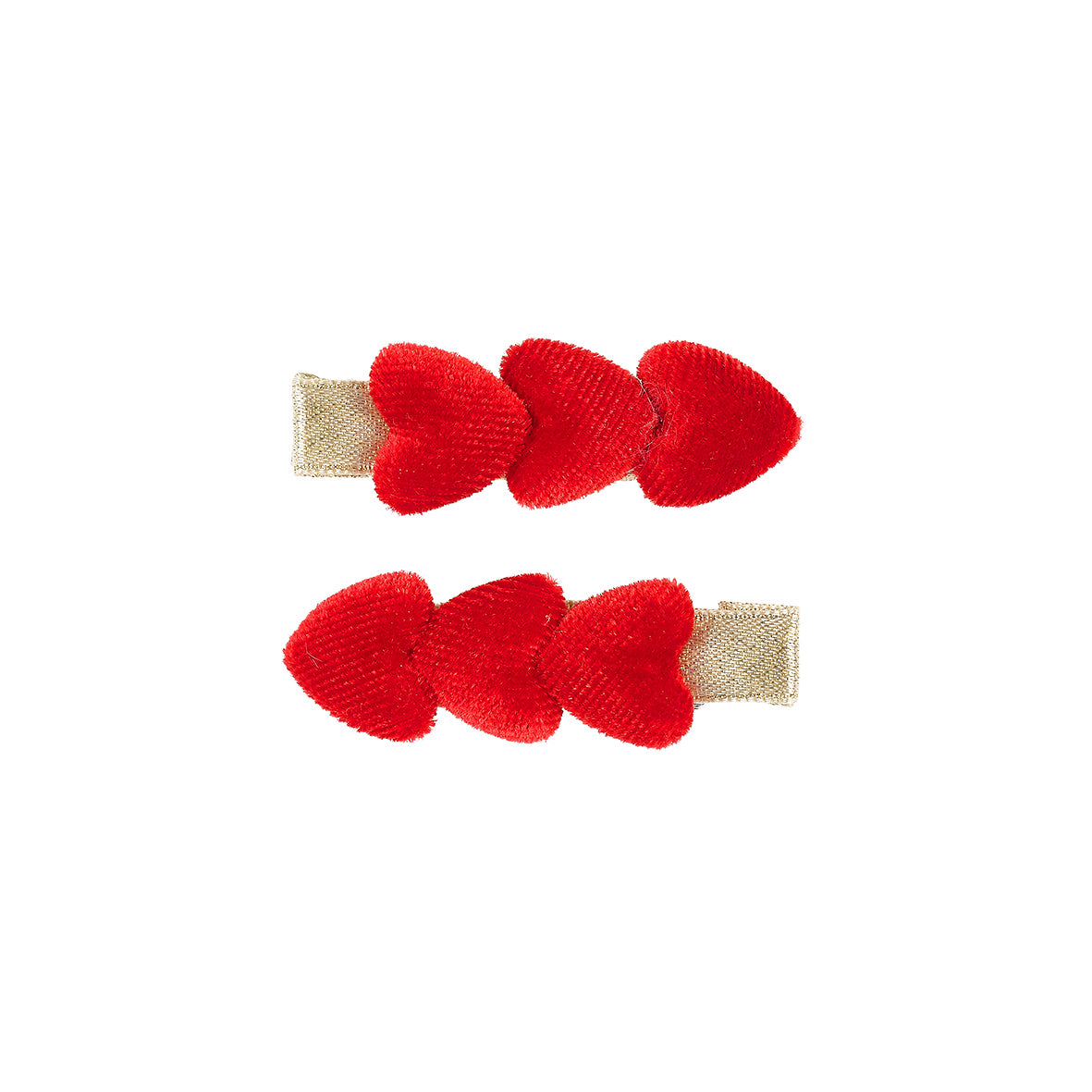 Two red heart-shaped hair clips on a white background by Souza!
