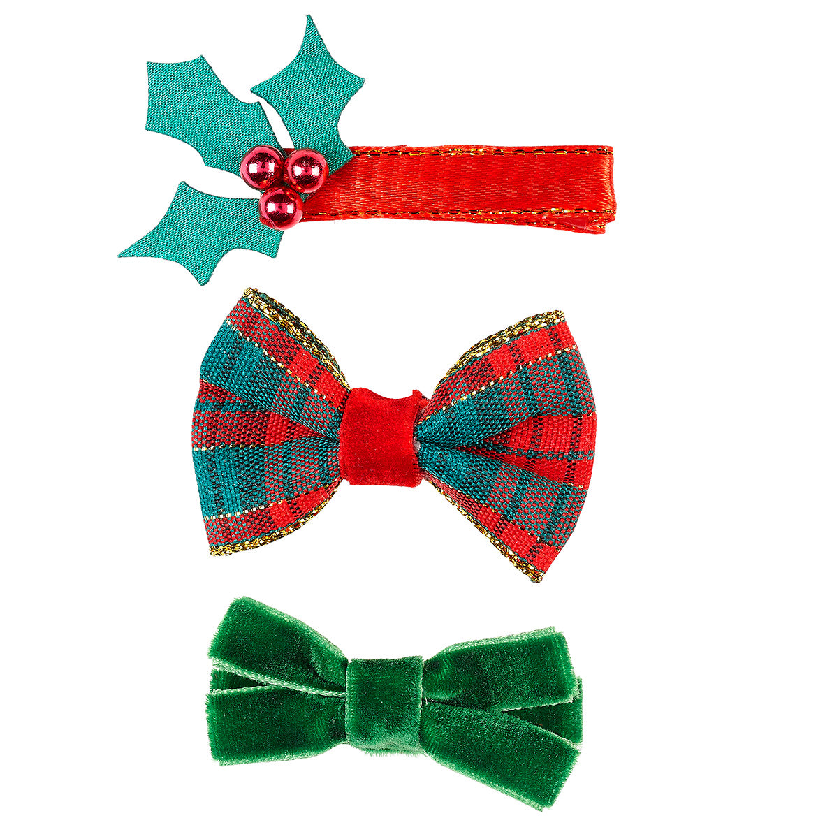 Set of three festive hair accessories including a red headband with holly, a plaid bow, and a green velvet bow on a white background by Souza!