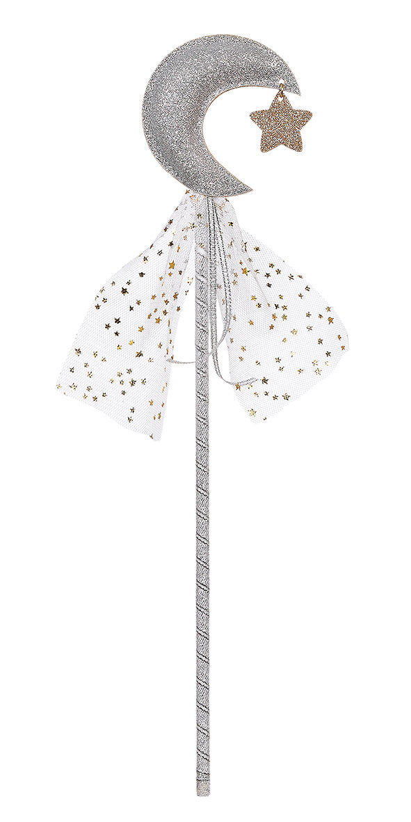 Decorative wand with a silver moon and star top on a white background by Souza!