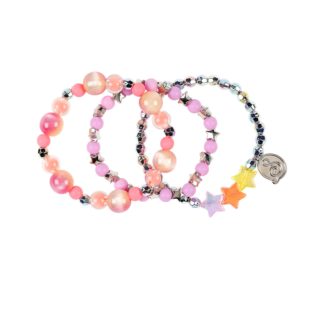 Set of colorful beaded bracelets with star charms on a white background