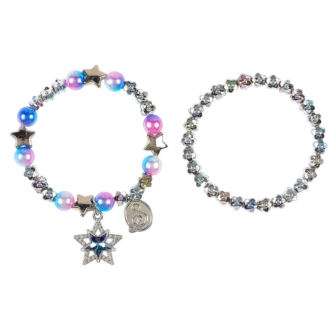 Two beaded bracelets with star-shaped charms on a white background