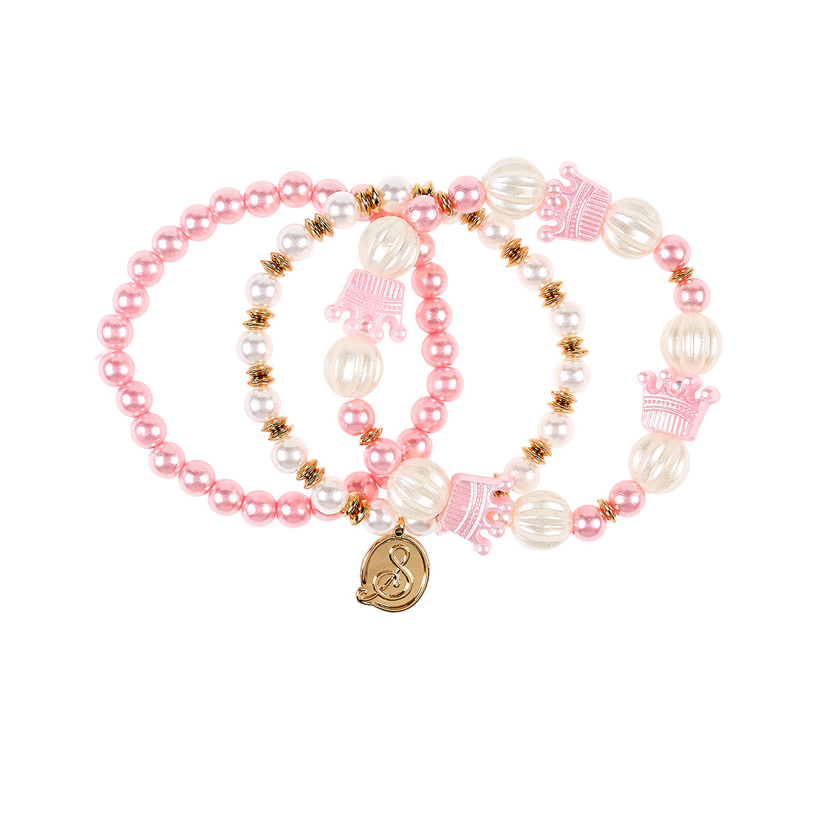Set of pink and white beaded bracelets with a gold charm on a white background