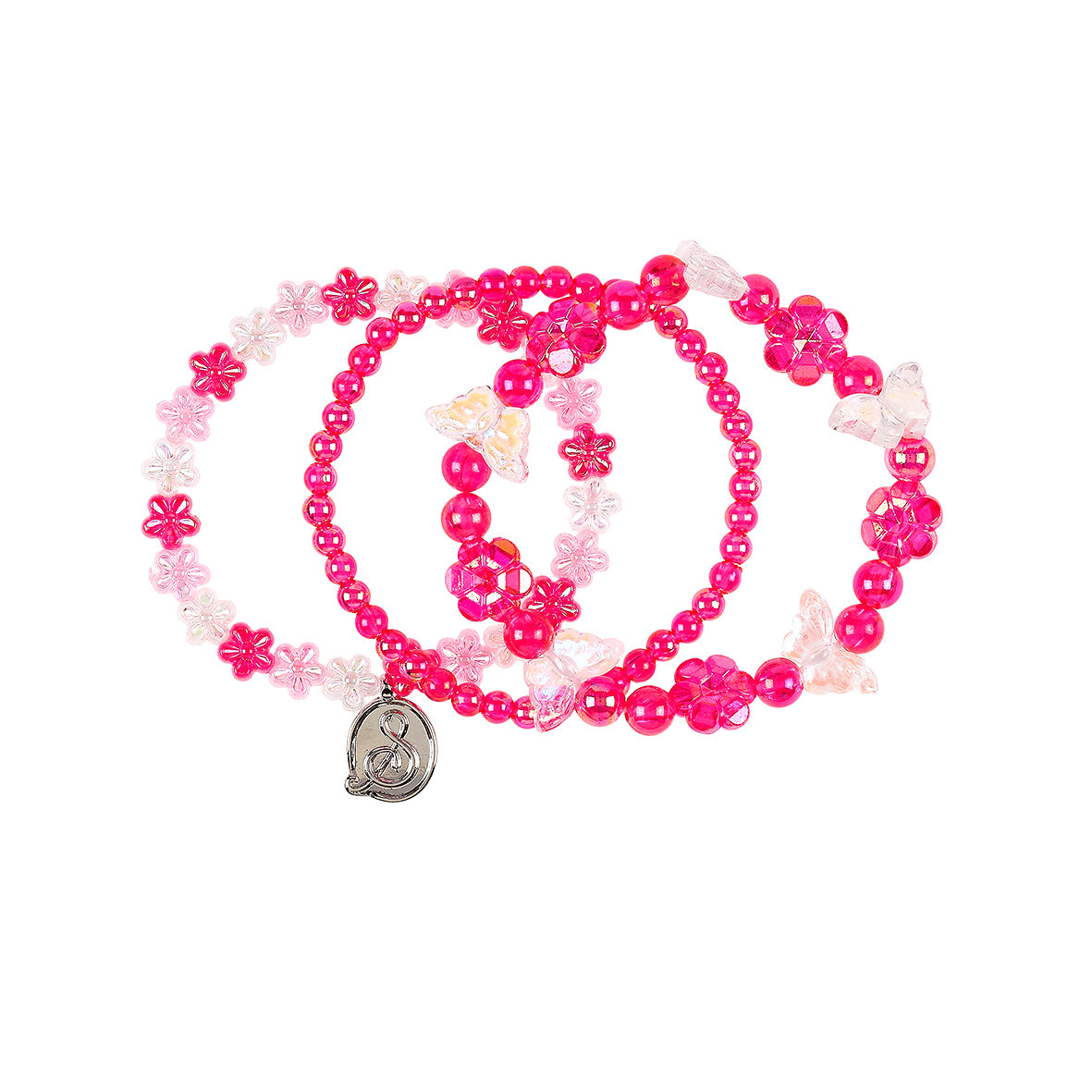 Set of pink beaded bracelets with a silver charm on a white background