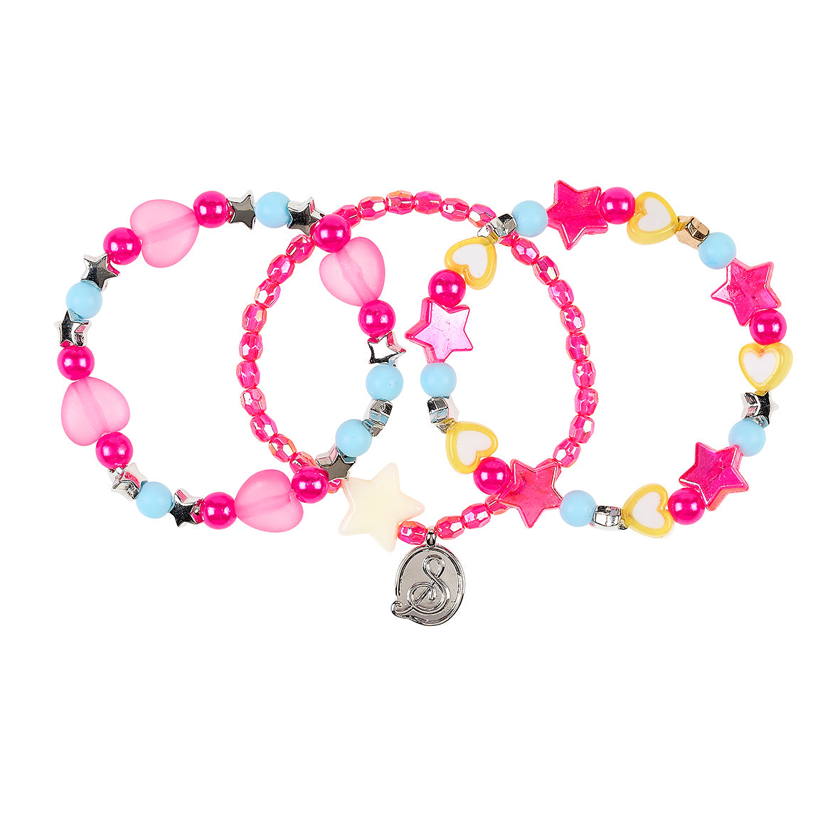 Set of colorful beaded bracelets with star and heart charms on a white background