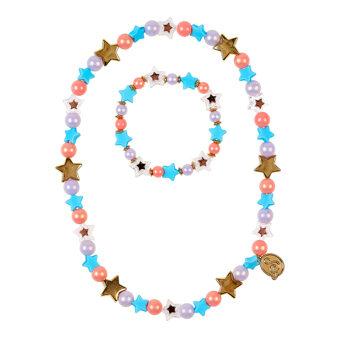 Colorful beaded necklace and bracelet set on a white background