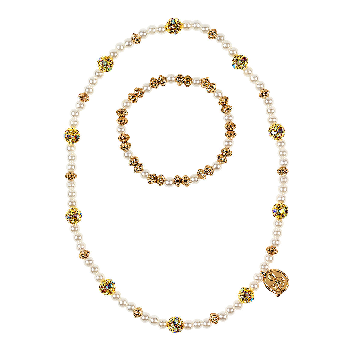 Pearl necklace and bracelet set with gold accents on a white background