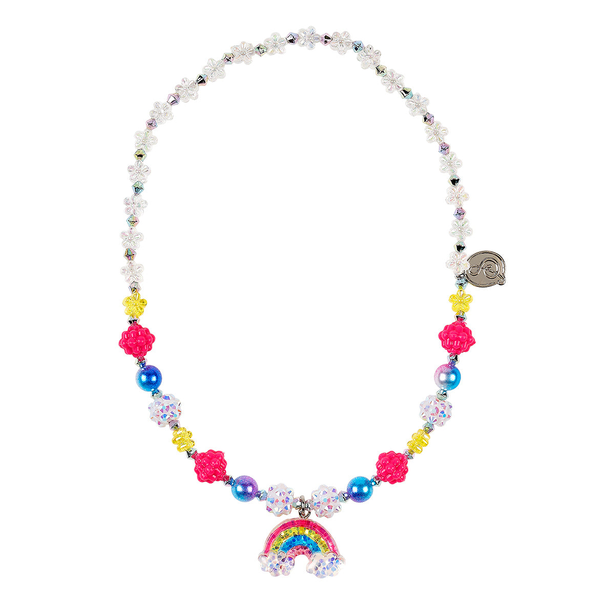 Colorful beaded necklace with a rainbow charm on a white background
