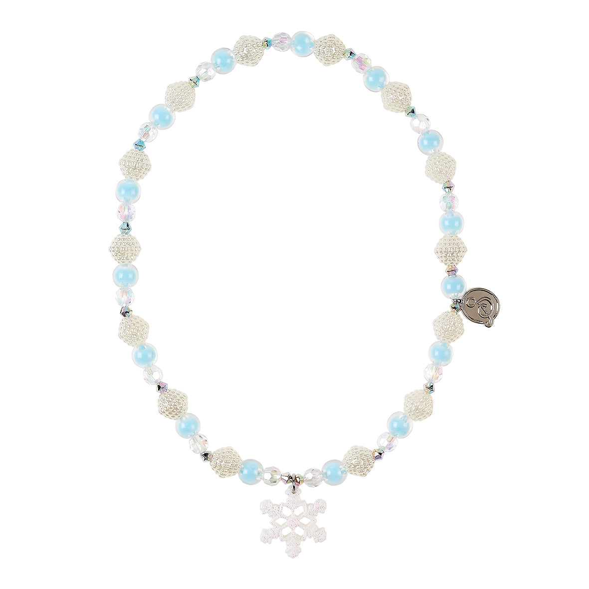 Necklace with snowflake charm and blue beads on a white background