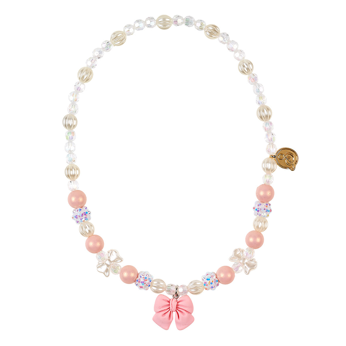Necklace with pink and white beads and bow charms on a white background
