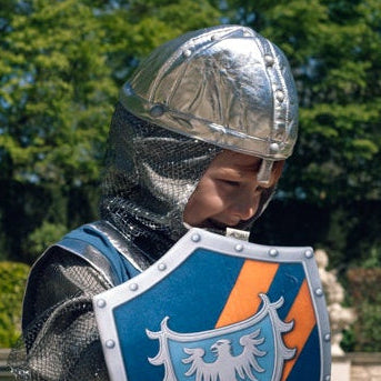 Two children dressed as medieval knights standing on outdoor stone steps, holding shields and gloves. One child wears a silver helmet and blue-and-gold tunic, while the other wears a gray cape and red shield.