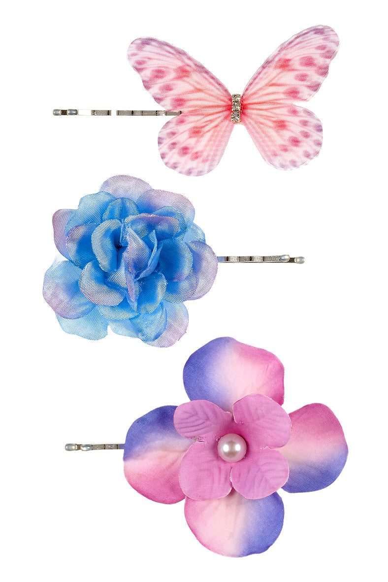 Hair claws Cleo flowers, fuchsia-blue (3 pcs/card)