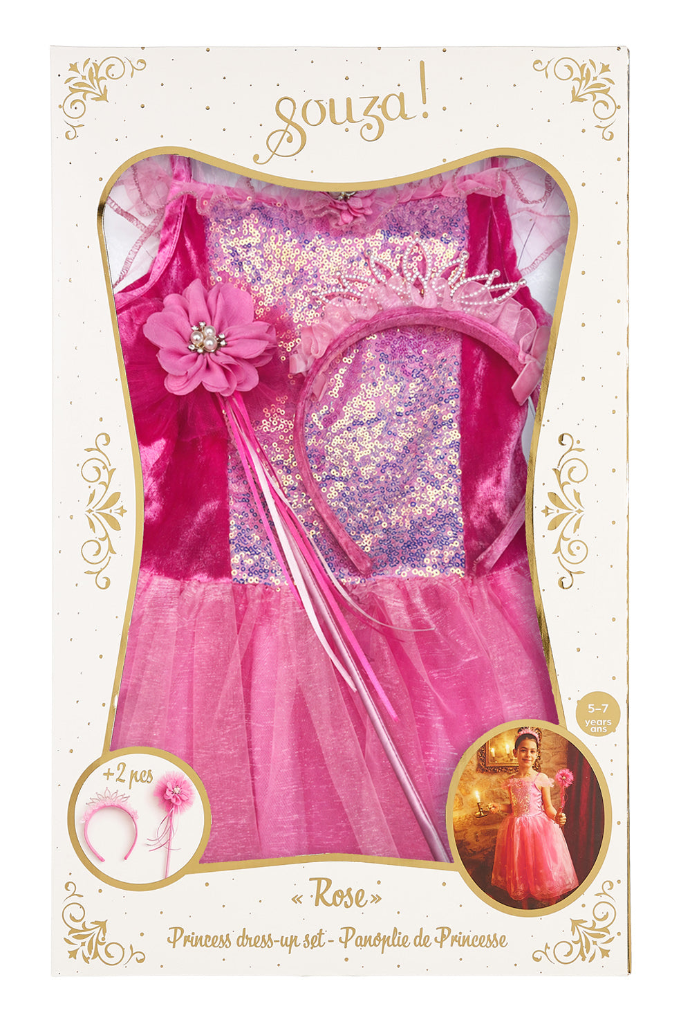 Princess dress-up set packaging with pink dress and accessories on a white background