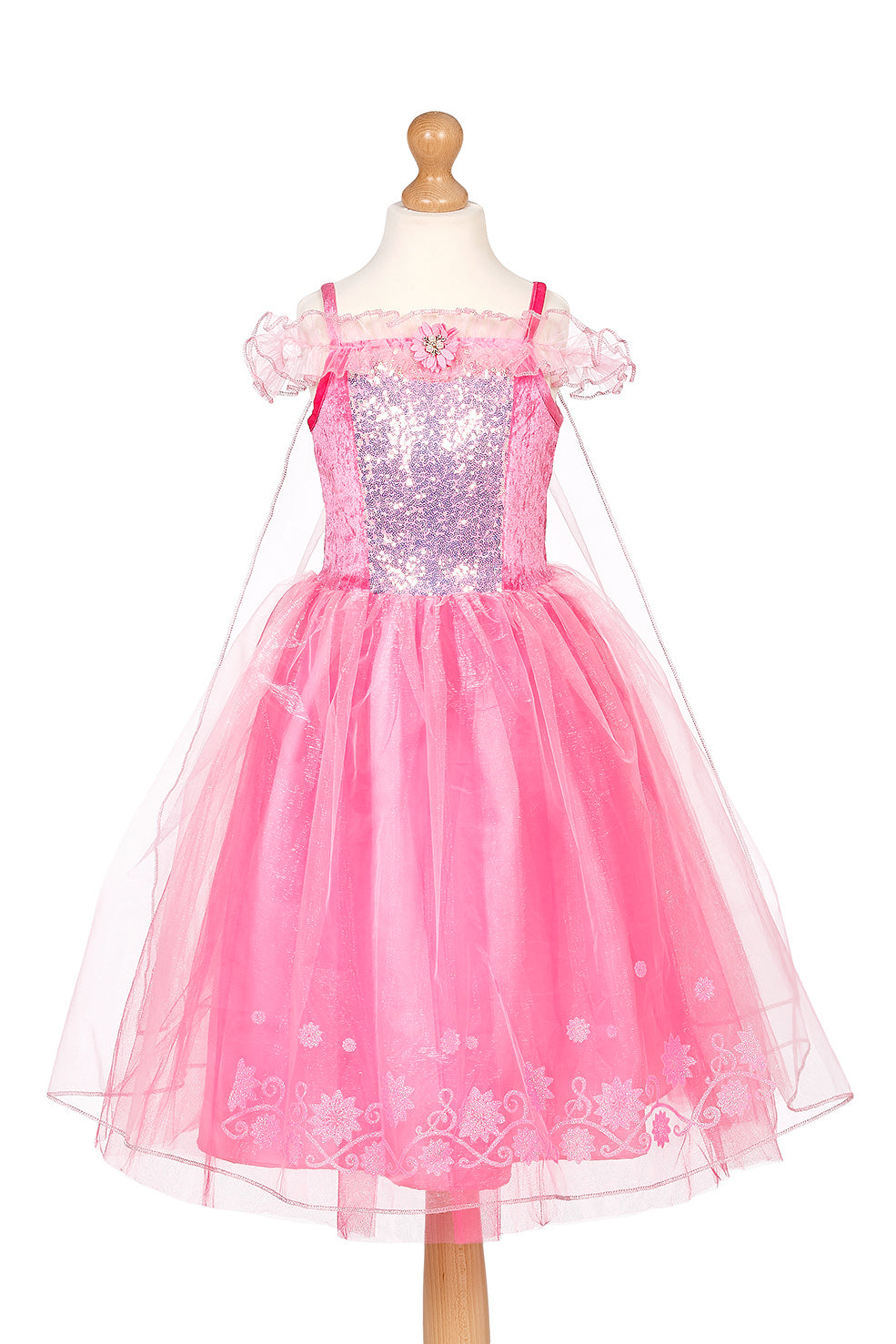 Pink dress with sequin bodice on a mannequin against a white background