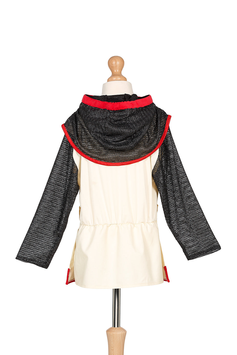 Mannequin wearing a black and red dress with a white apron on a white background by Souza!