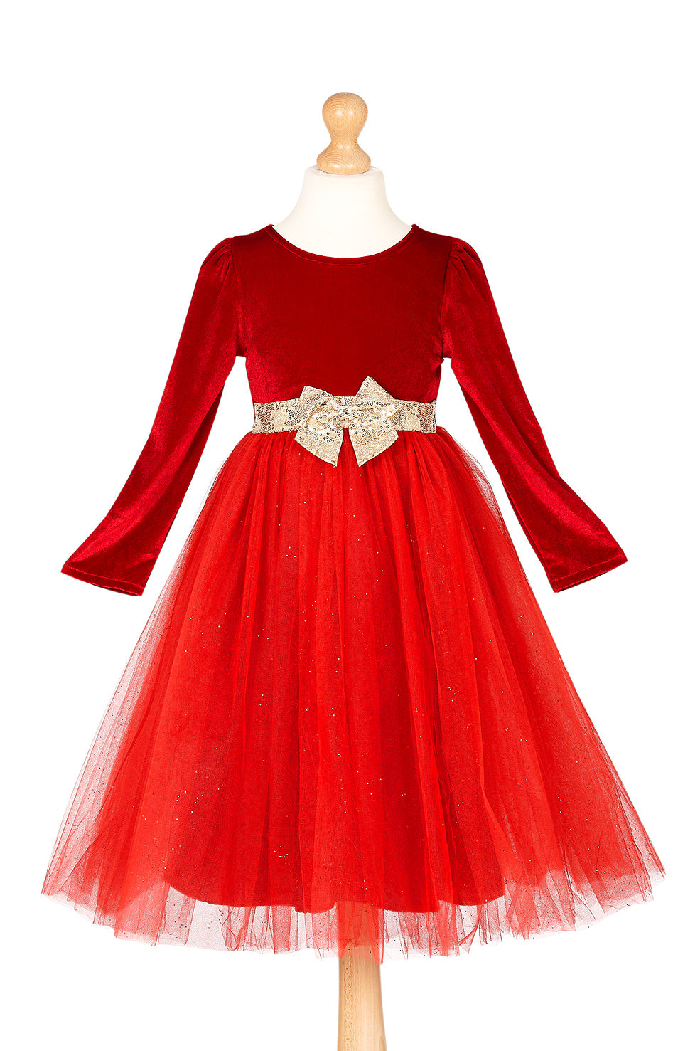 Red velvet dress with a gold belt on a mannequin against a white background