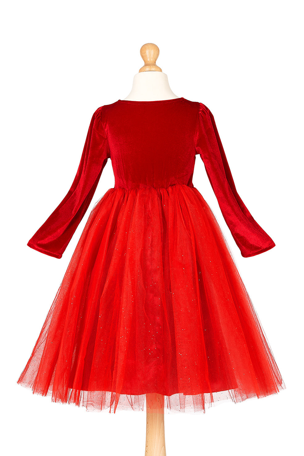 Red velvet dress with tulle skirt on a mannequin against a white background