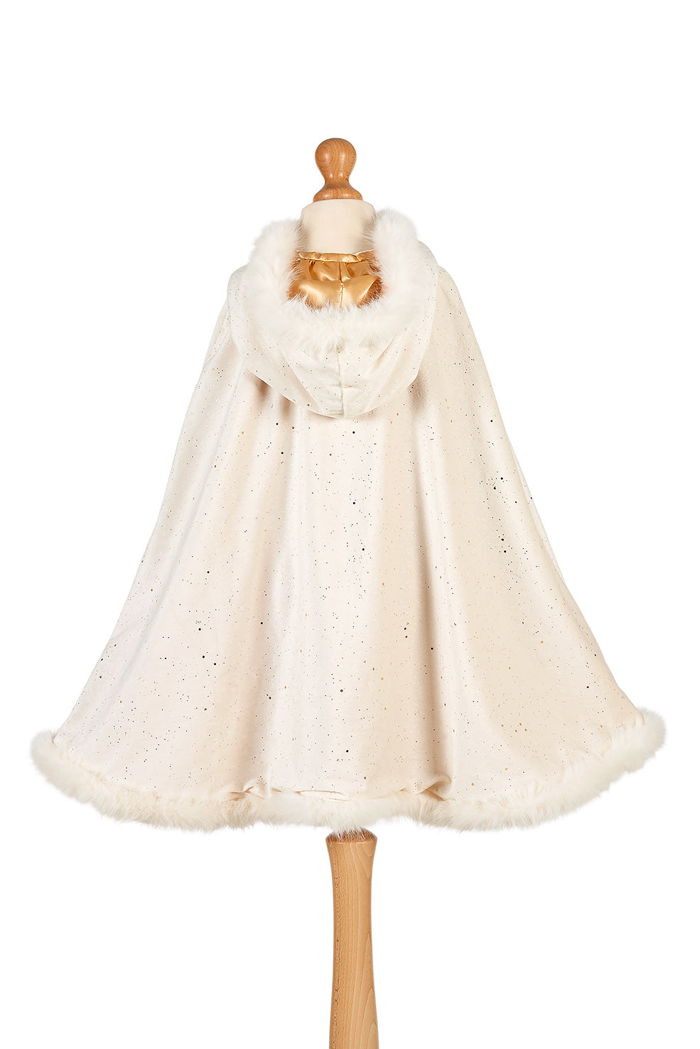 White fur coat on a wooden mannequin against a white background