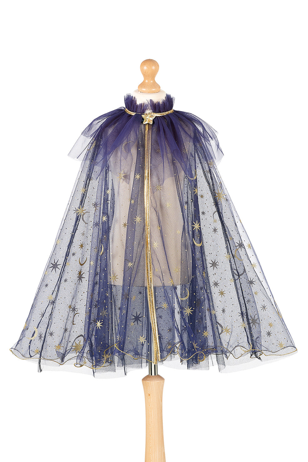 Navy blue tulle umbrella with gold accents on a white background