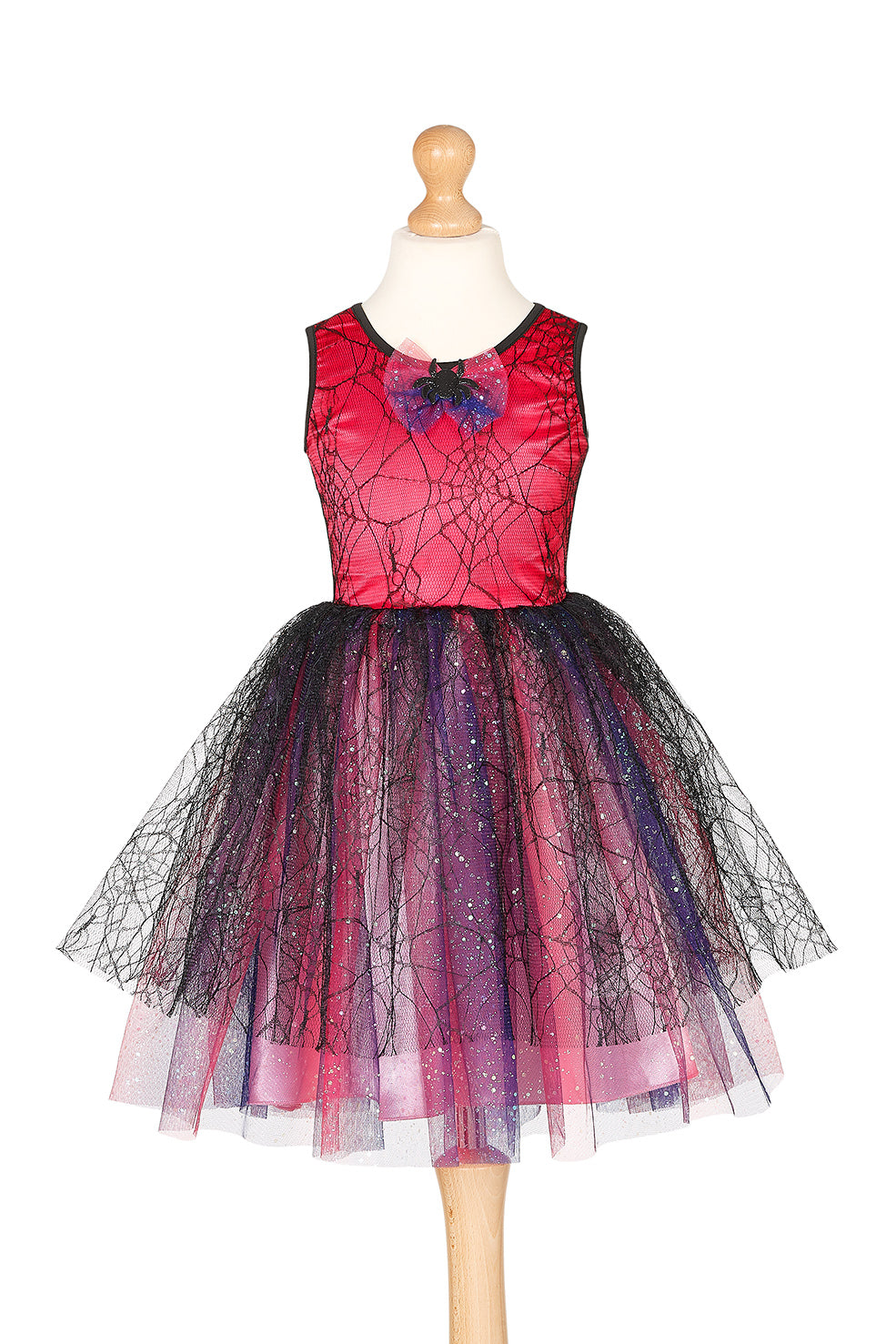 Red and black spider web dress on a mannequin with a white background