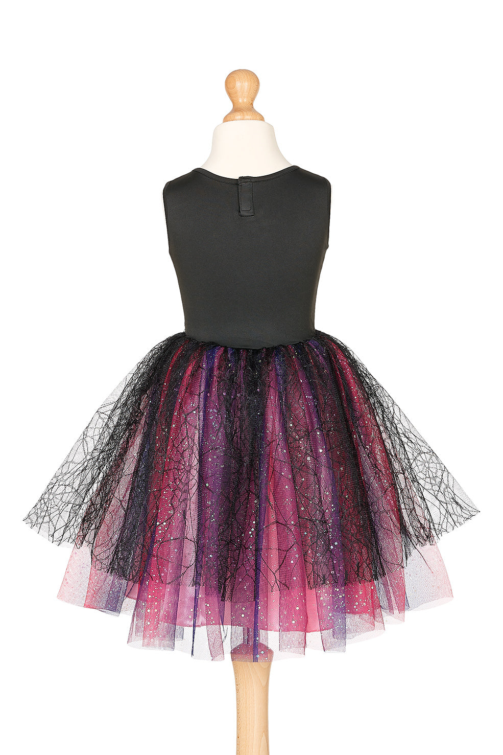 Backside off dress with a colorful tulle skirt on a mannequin against a white background