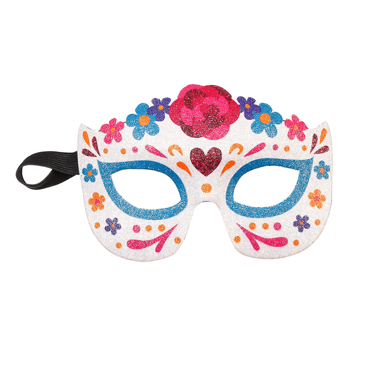 Colorful mask with floral designs on a white background