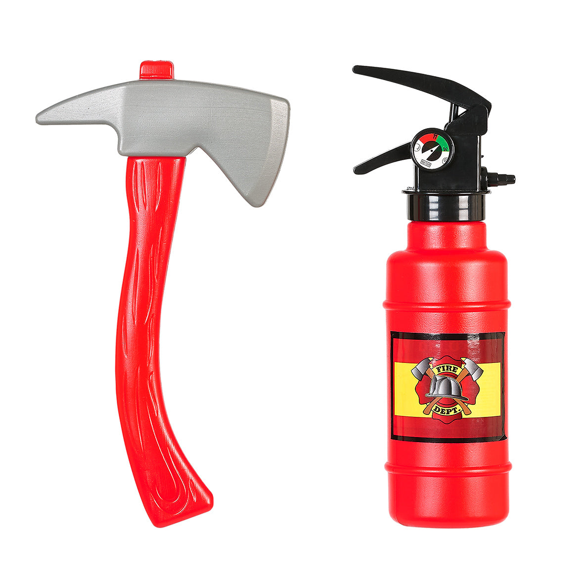 Red axe and fire extinguisher with a fire department logo on a white background