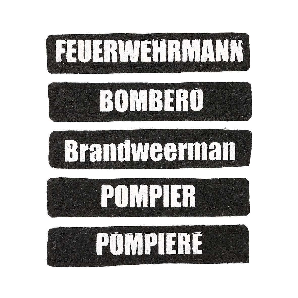 Set of black patches with white text on a white background