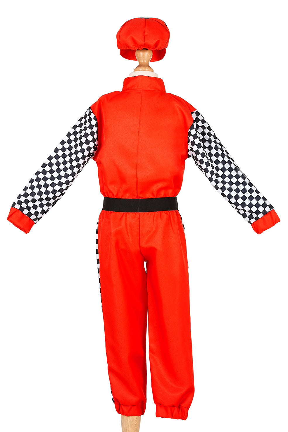 Red racing suit with checkered sleeves and cap on a white background