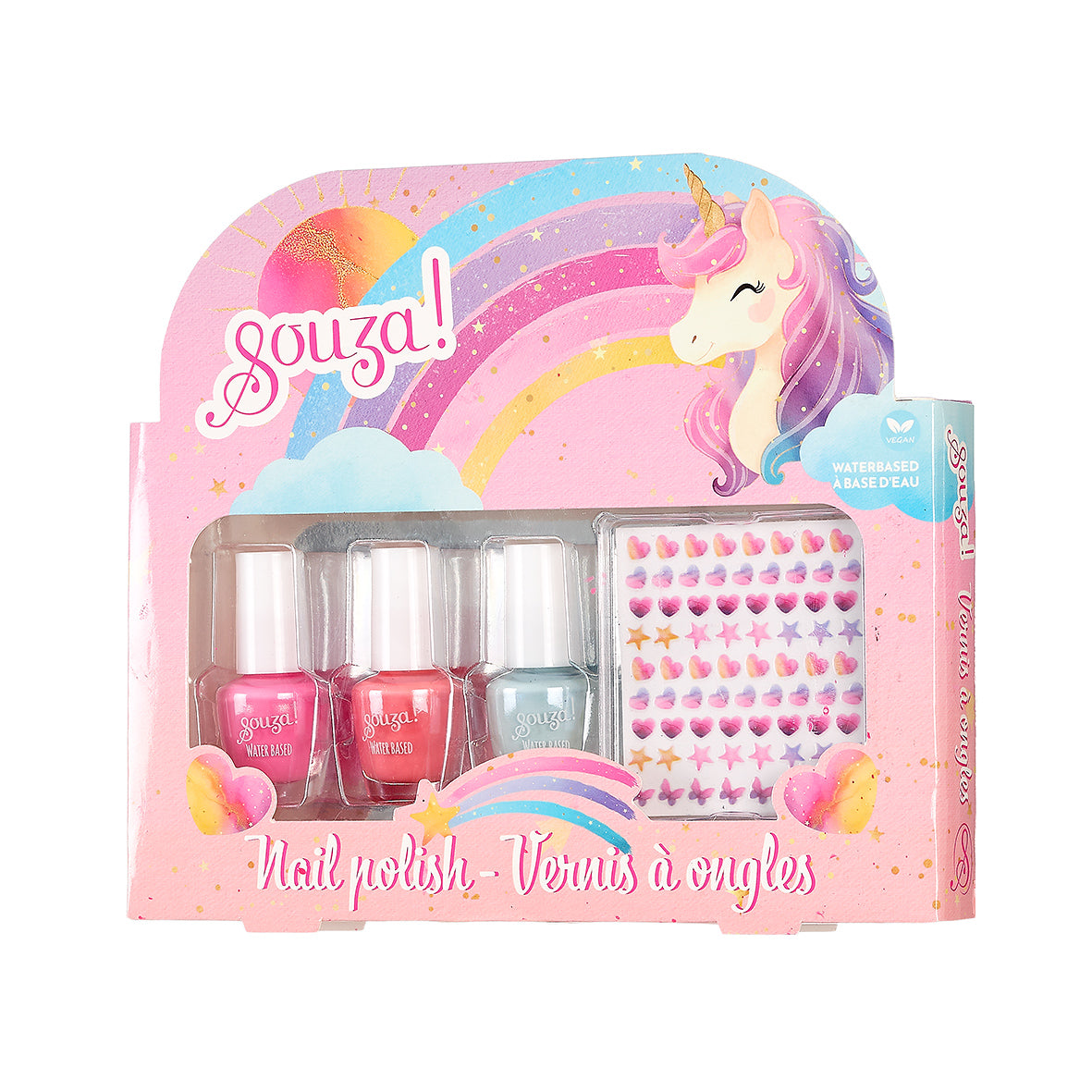 Nail polish set with a unicorn design on the packaging by Souza!