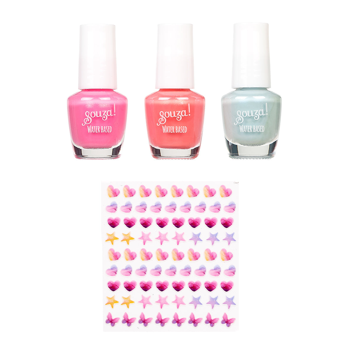 Three bottles water-based nail polish with a sheet of colorful star and heart stickers by Souza!