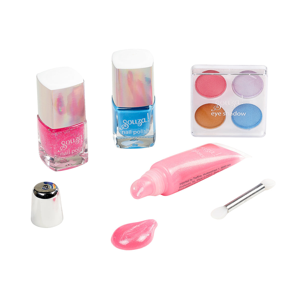 Set of nail polish, eye shadow, and lip balm with applicator on a white background by Souza!