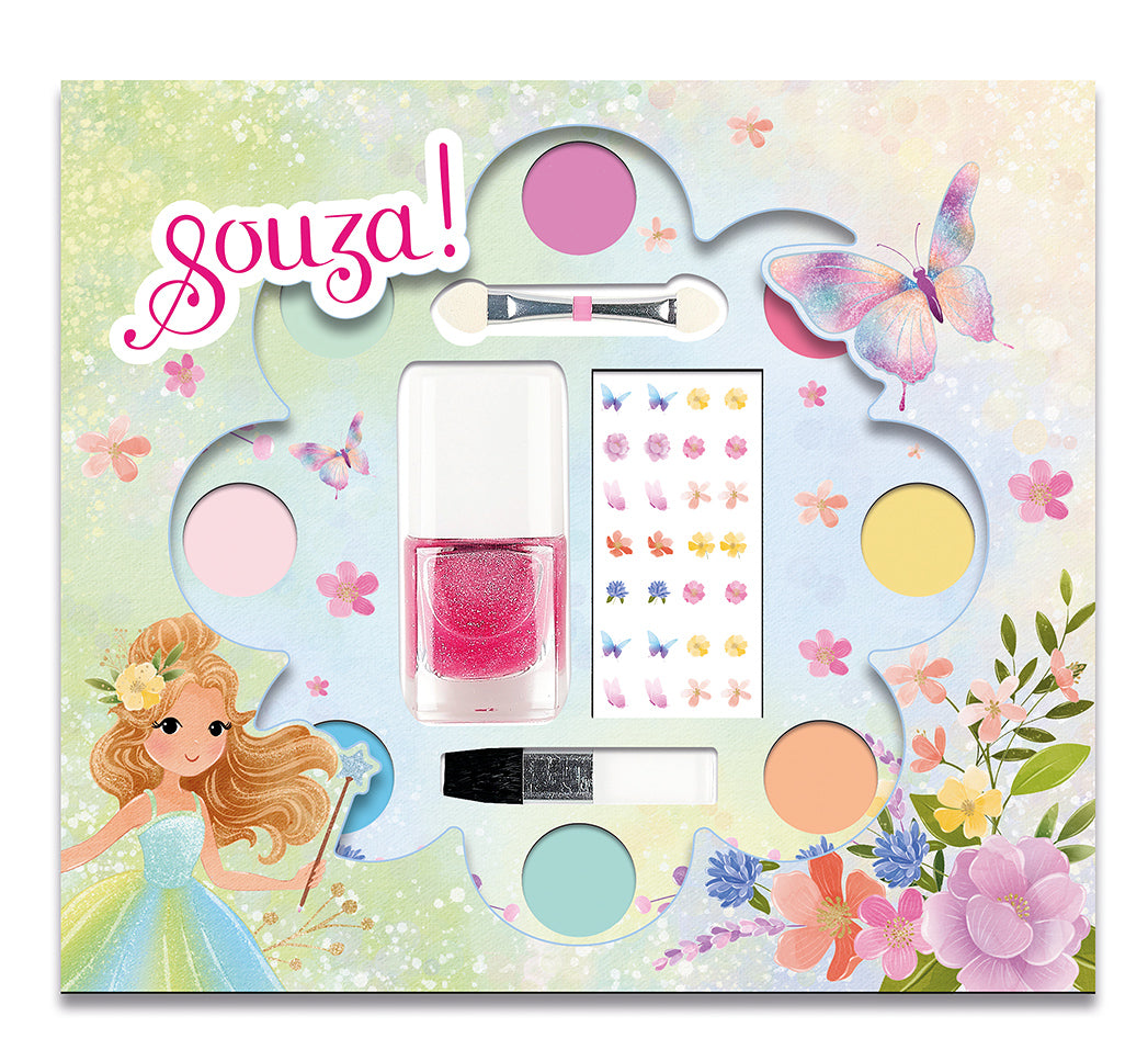 Children's makeup set with floral and butterfly design, featuring the brand 'Souza!'.