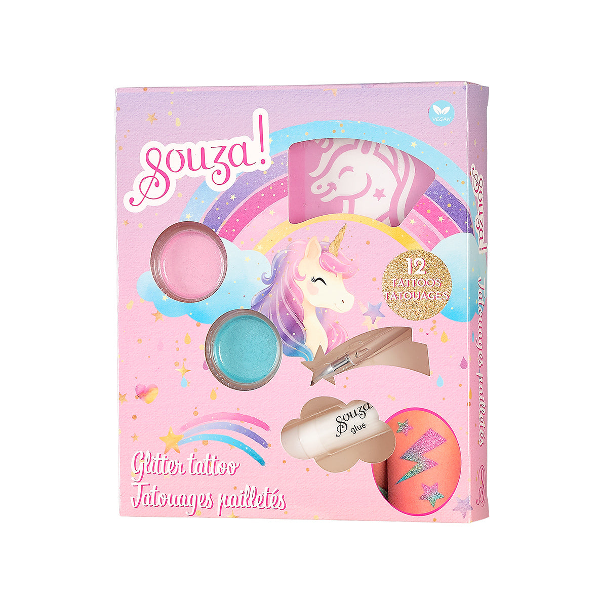Souza glitter tattoo set packaging with unicorn design on a pink background