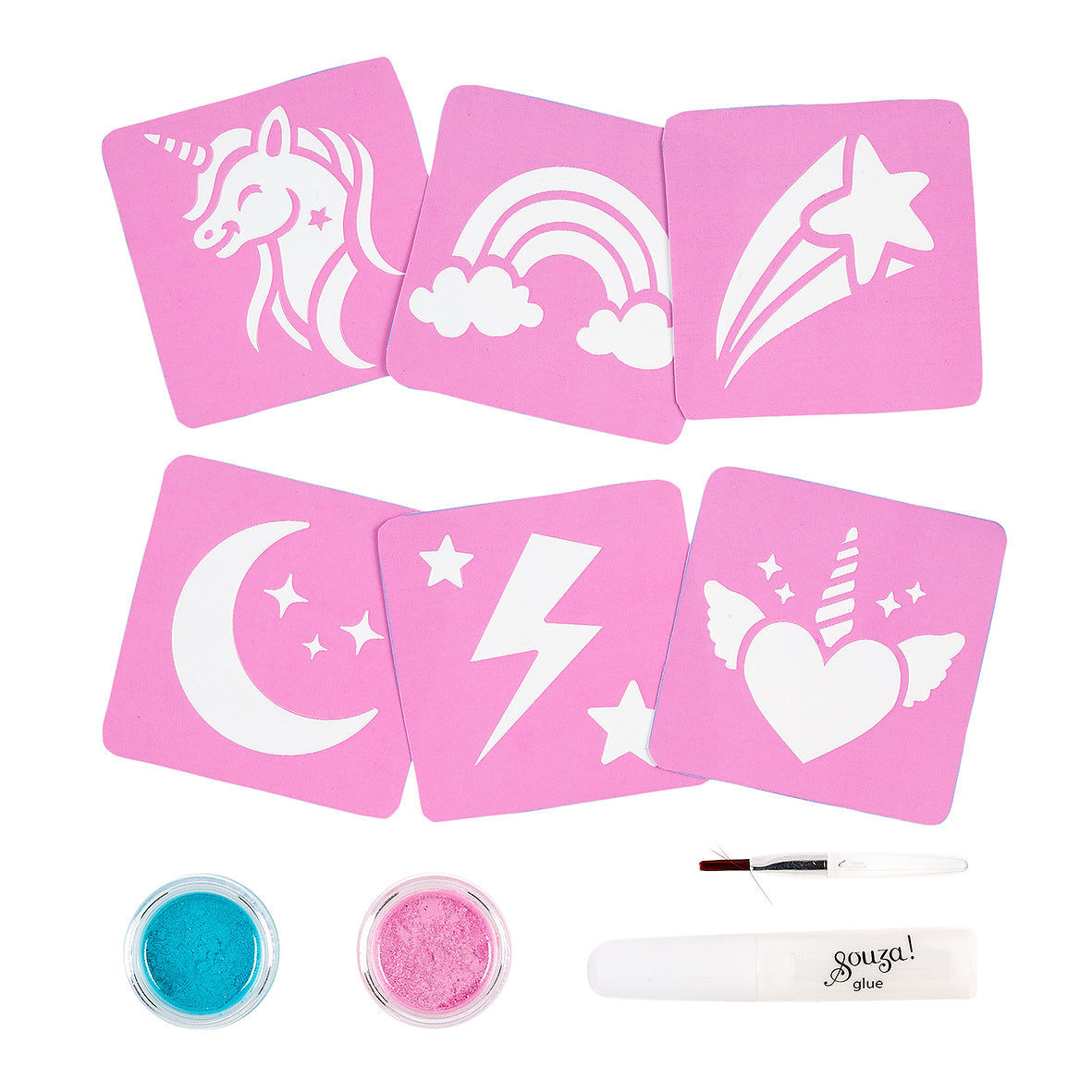 Set of pink stencils with various designs on a white background, accompanied by glitter and a marker.