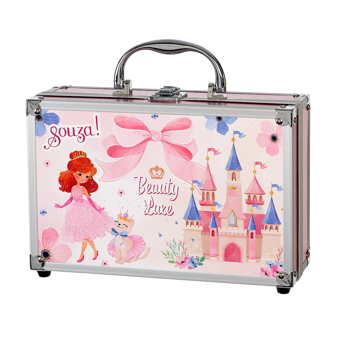 Children's makeup case with princess design and castle illustration on a white background by Souza!