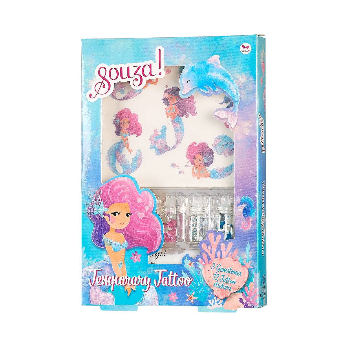 Souza! mermaid temporary tattoo set packaging with cartoon mermaids and a dolphin.
