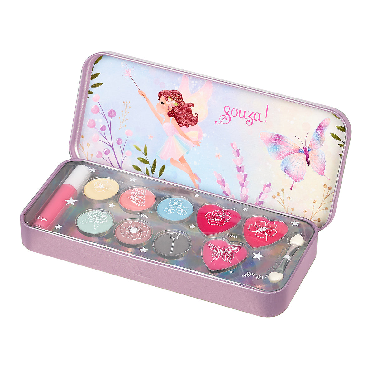 Makeup set with colorful lip products in a tin featuring a fairy design by Souza!