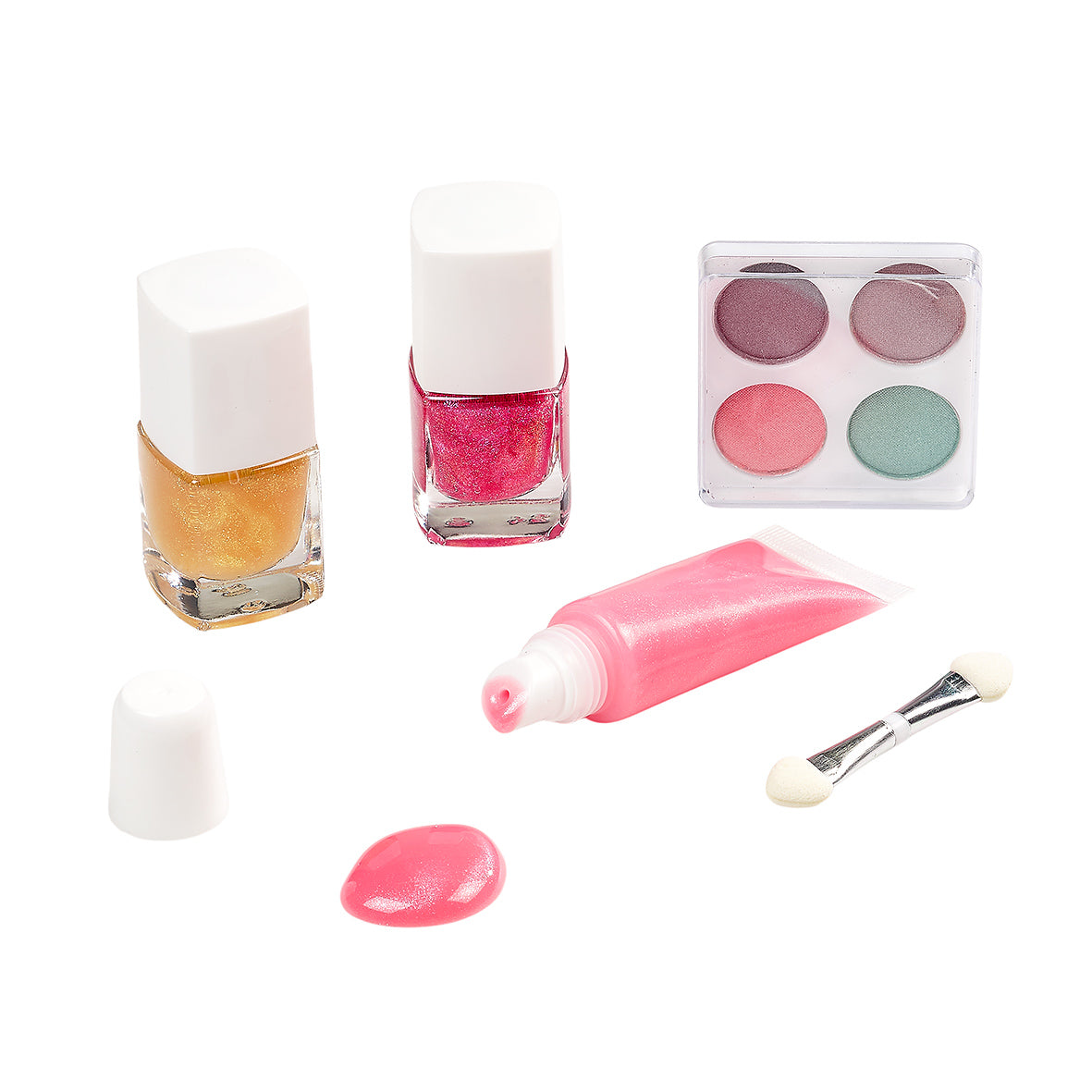 Set of nail polish bottles, a tube of pink gel, and a brush